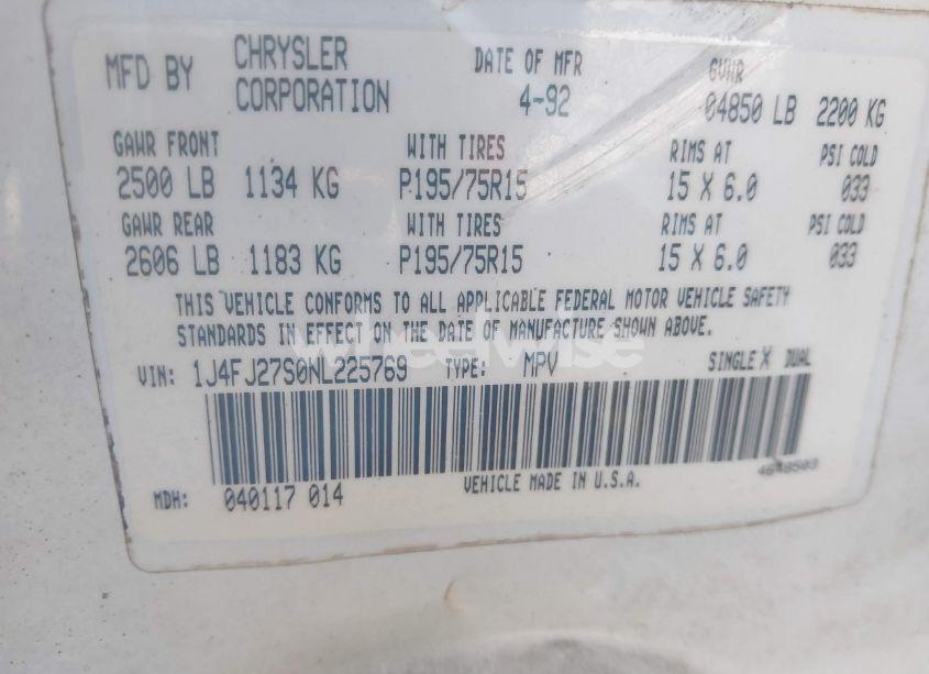 Photo 9 of 1992 Jeep Cherokee (VIN 1J4FJ27S0NL225769)