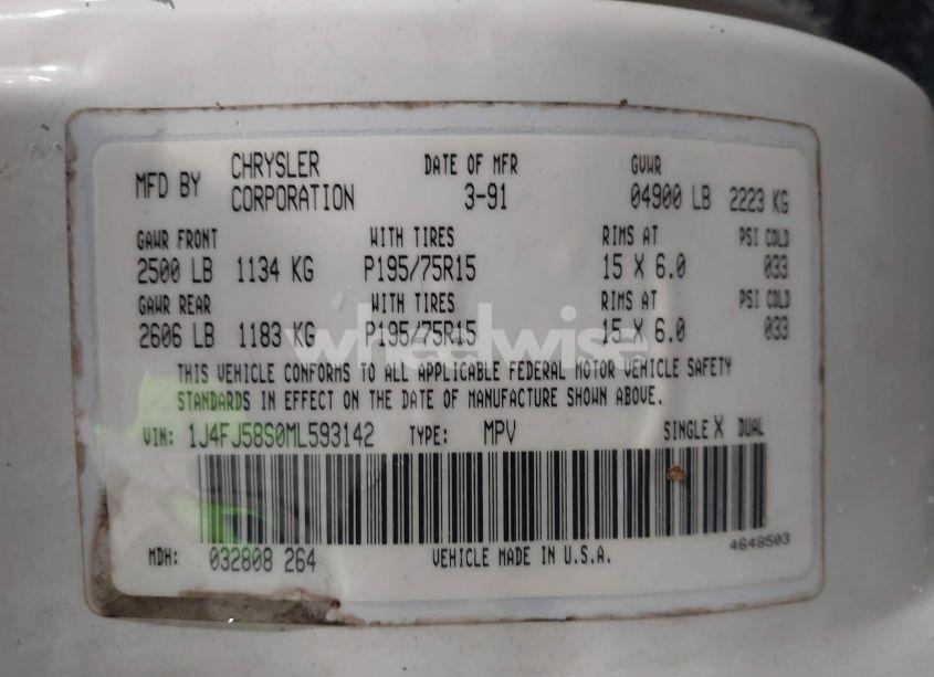 Photo 9 of 1991 Jeep Cherokee LAREDO (VIN 1J4FJ58S0ML593142)