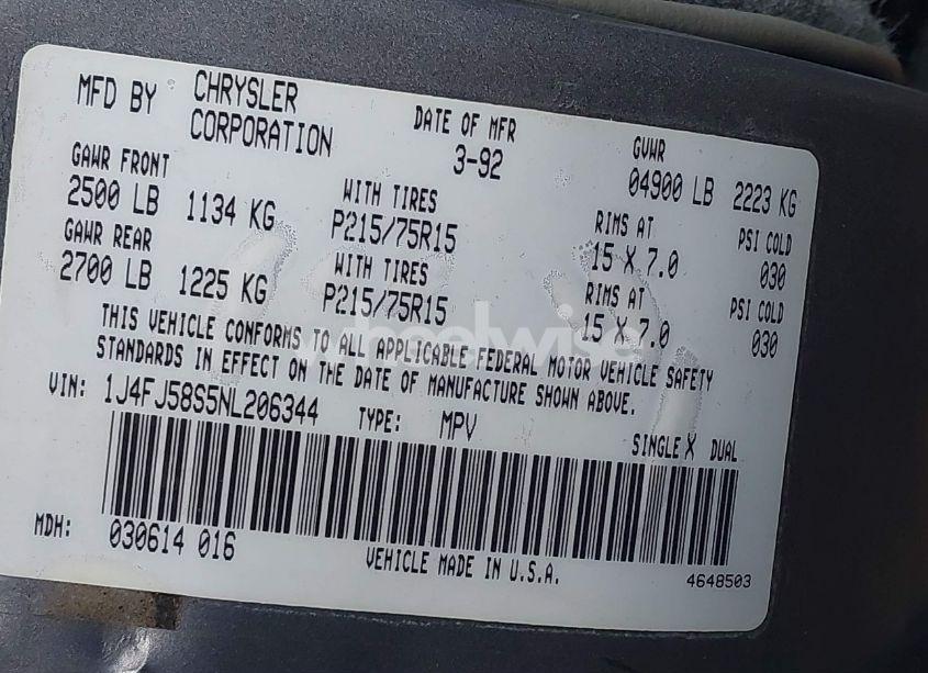 Photo 9 of 1992 Jeep Cherokee LAREDO (VIN 1J4FJ58S5NL206344)