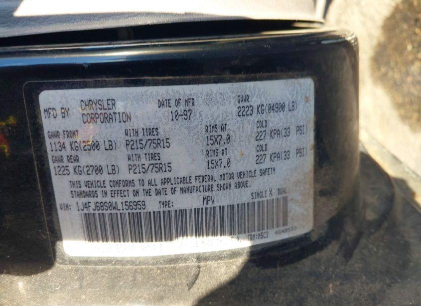 Photo 9 of 1998 Jeep Cherokee CLASSIC/LIMITED/SPORT (VIN 1J4FJ68S0WL156959)