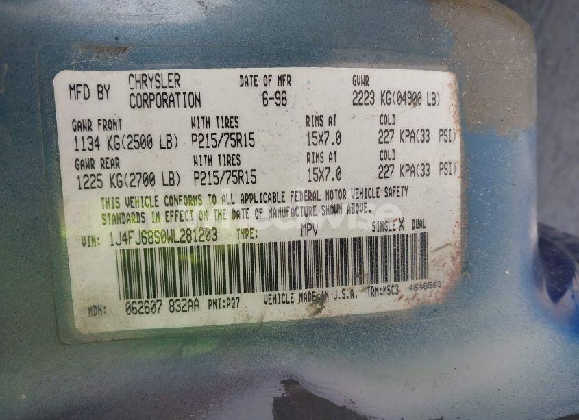 Photo 9 of 1998 Jeep Cherokee CLASSIC/SPORT (VIN 1J4FJ68S0WL281203)