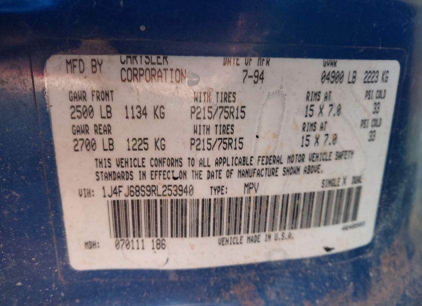 Photo 9 of 1994 Jeep Cherokee SPORT (VIN 1J4FJ68S9RL253940)