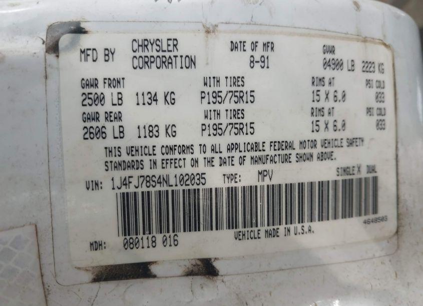 Photo 9 of 1992 Jeep Cherokee LIMITED (VIN 1J4FJ78S4NL102035)