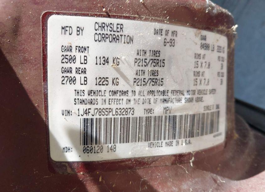 Photo 9 of 1993 Jeep Cherokee COUNTRY (VIN 1J4FJ78S5PL632873)