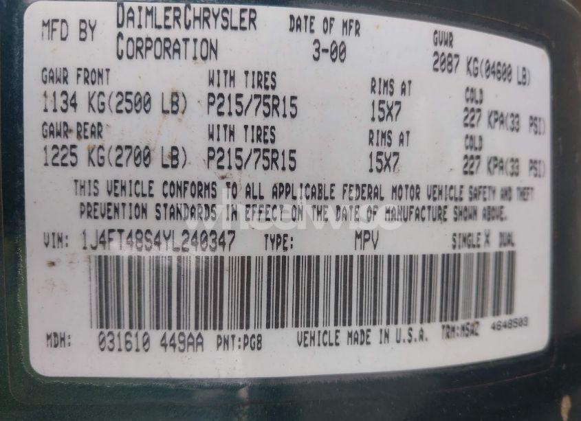 Photo 9 of 2000 Jeep Cherokee SPORT (VIN 1J4FT48S4YL240347)