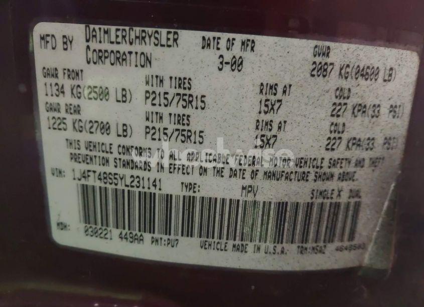 Photo 9 of 2000 Jeep Cherokee SPORT (VIN 1J4FT48S5YL231141)