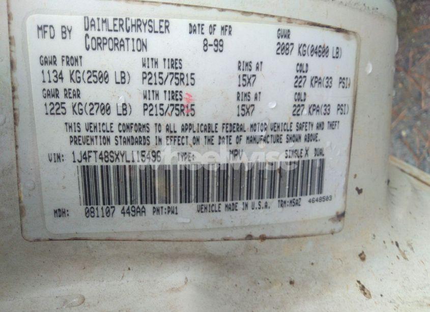 Photo 9 of 2000 Jeep Cherokee SPORT (VIN 1J4FT48SXYL115496)