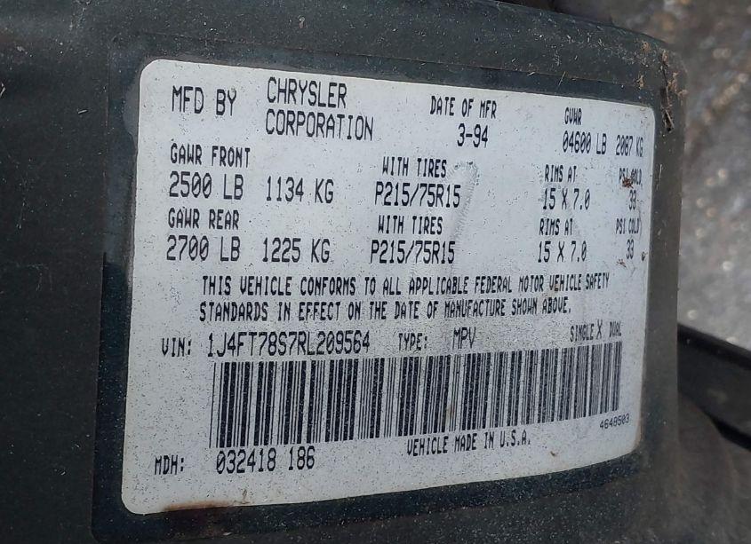 Photo 9 of 1994 Jeep Cherokee COUNTRY (VIN 1J4FT78S7RL209564)