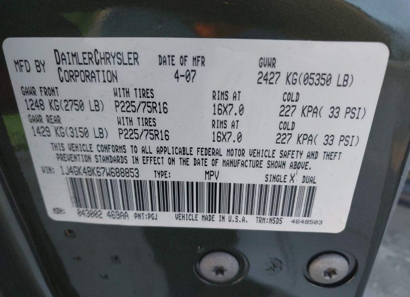 Photo 9 of 2007 Jeep Liberty SPORT (VIN 1J4GK48K67W688853)