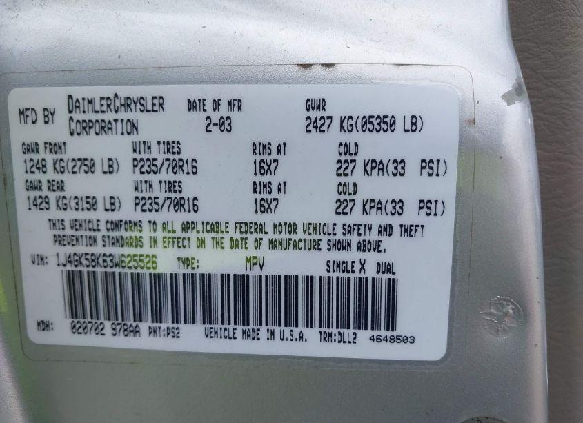 Photo 9 of 2003 Jeep Liberty LIMITED (VIN 1J4GK58K63W625526)