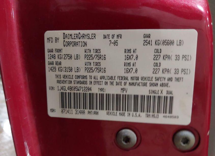 Photo 9 of 2005 Jeep Liberty SPORT (VIN 1J4GL48K05W712204)