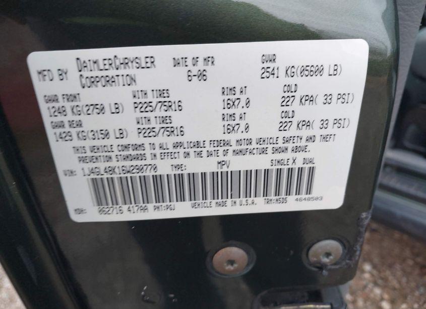 Photo 9 of 2006 Jeep Liberty SPORT (VIN 1J4GL48K16W290770)