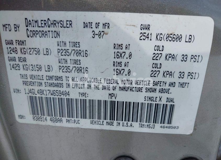 Photo 9 of 2007 Jeep Liberty SPORT (VIN 1J4GL48K17W659404)