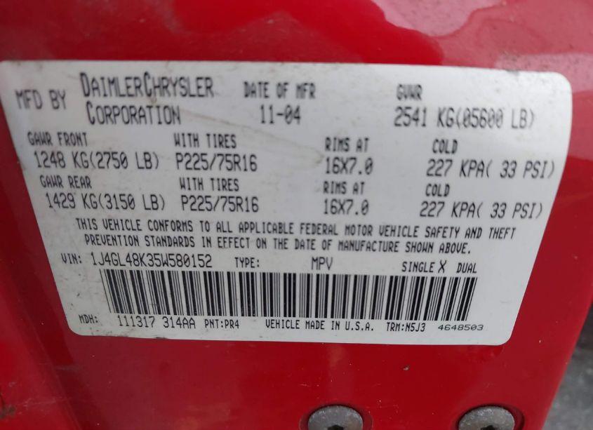 Photo 9 of 2005 Jeep Liberty SPORT (VIN 1J4GL48K35W580152)