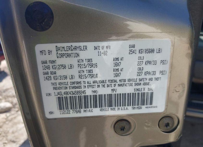 Photo 9 of 2003 Jeep Liberty SPORT (VIN 1J4GL48K43W589245)