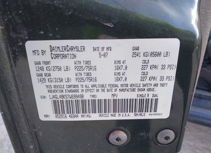 Photo 9 of 2007 Jeep Liberty SPORT (VIN 1J4GL48K57W699498)