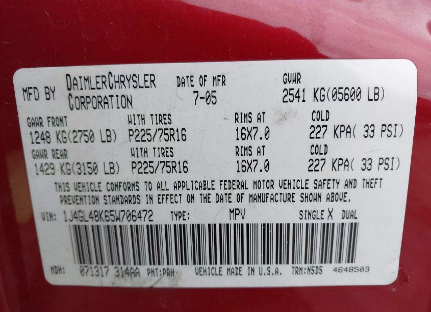 Photo 9 of 2005 Jeep Liberty SPORT (VIN 1J4GL48K65W706472)