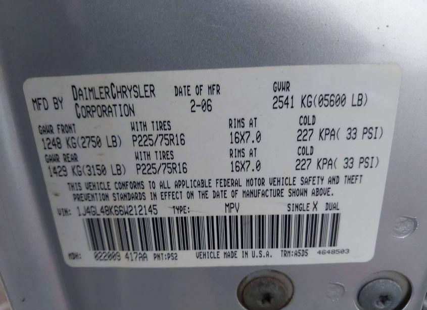 Photo 9 of 2006 Jeep Liberty SPORT (VIN 1J4GL48K66W212145)