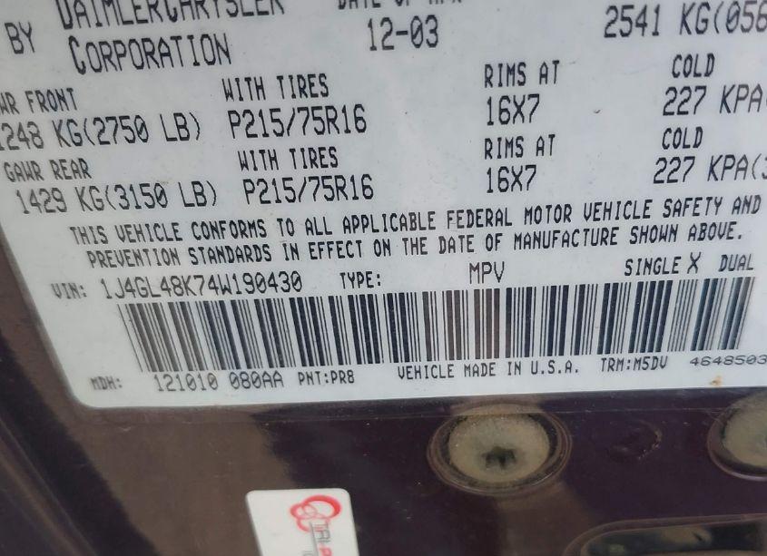 Photo 9 of 2004 Jeep Liberty SPORT (VIN 1J4GL48K74W190430)