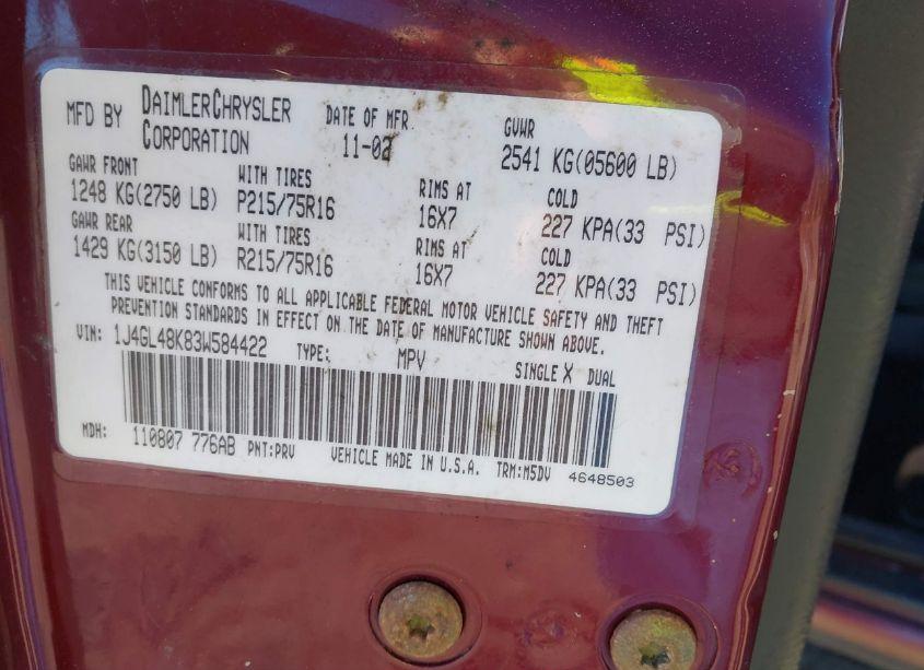 Photo 9 of 2003 Jeep Liberty SPORT (VIN 1J4GL48K83W584422)