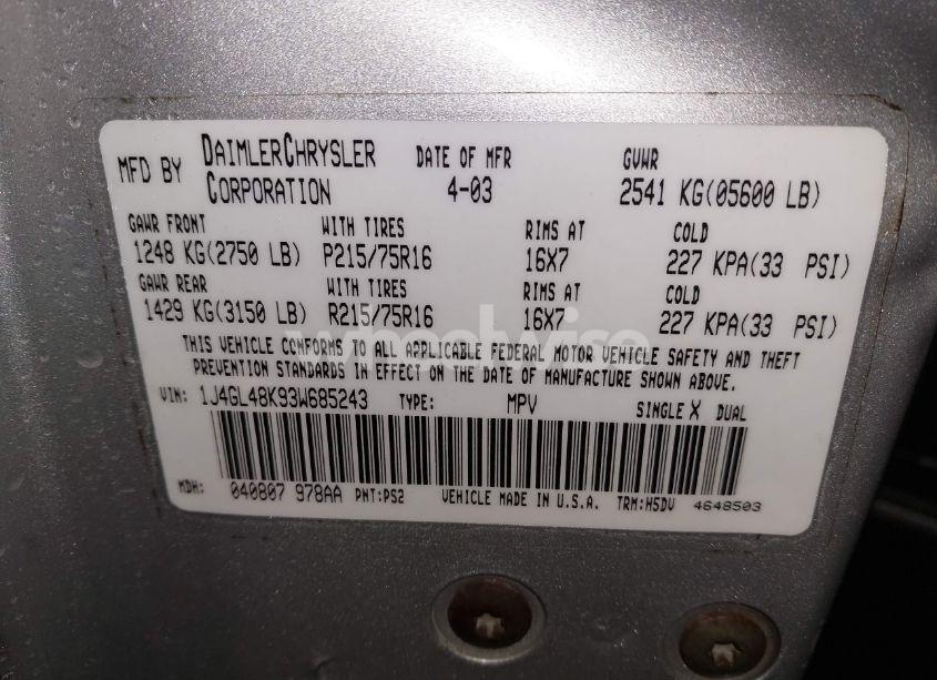 Photo 9 of 2003 Jeep Liberty SPORT (VIN 1J4GL48K93W685243)