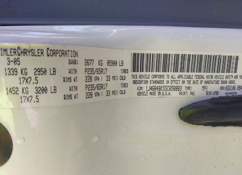 Photo 9 of 2005 Jeep Grand CHEROKEE LAREDO (VIN 1J4GR48K55C658883)