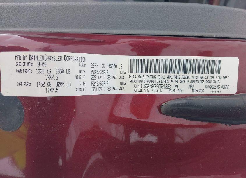 Photo 9 of 2007 Jeep Grand CHEROKEE LAREDO (VIN 1J8GR48K07C521223)