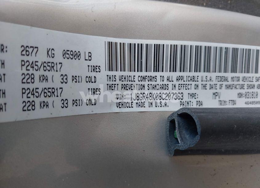 Photo 9 of 2008 Jeep Grand CHEROKEE LAREDO (VIN 1J8GR48K08C207363)