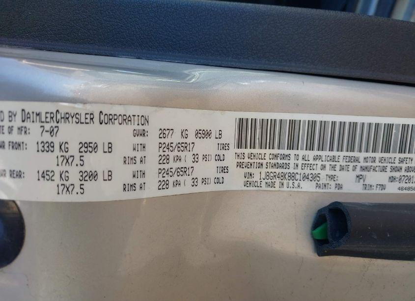 Photo 9 of 2008 Jeep Grand CHEROKEE LAREDO (VIN 1J8GR48K88C104305)