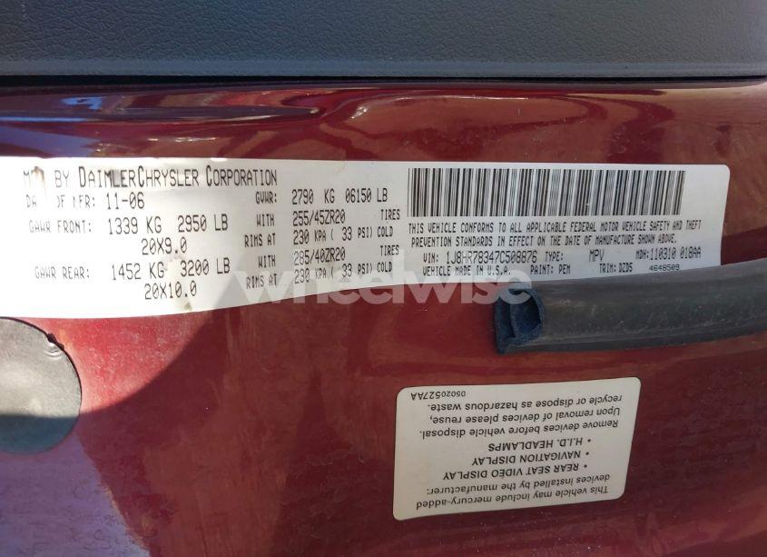 Photo 9 of 2007 Jeep Grand CHEROKEE SRT8 (VIN 1J8HR78347C508876)