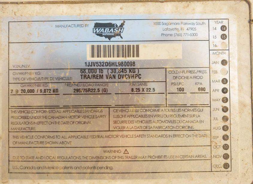 Photo 9 of 2017 Wabash National CORP WABASH NATIONAL CORP (VIN 1JJV532D6HL980098)