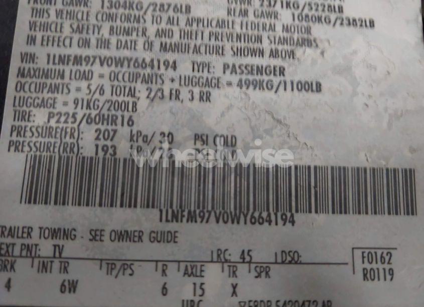 Photo 9 of 1998 Lincoln Continental (VIN 1LNFM97V0WY664194)