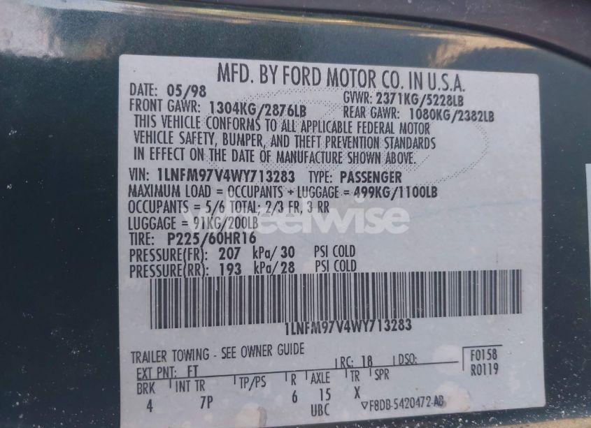 Photo 9 of 1998 Lincoln Continental (VIN 1LNFM97V4WY713283)