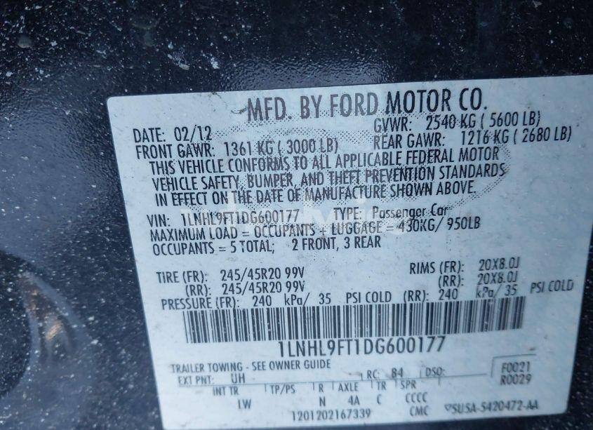 Photo 9 of 2013 Lincoln Mks ECOBOOST (VIN 1LNHL9FT1DG600177)