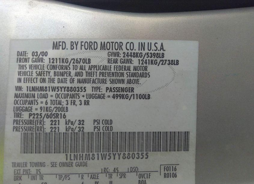 Photo 9 of 2000 Lincoln Town CAR EXECUTIVE (VIN 1LNHM81W5YY880355)