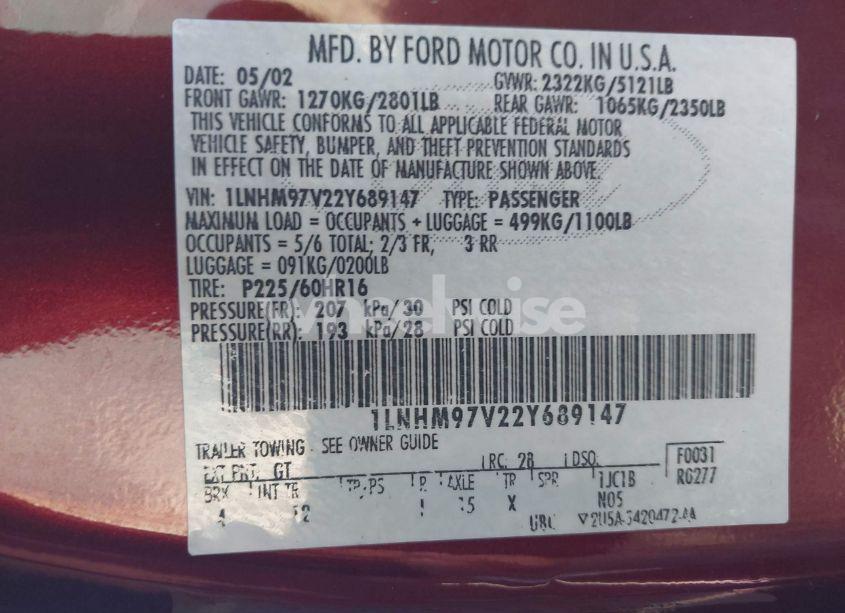 Photo 9 of 2002 Lincoln Continental (VIN 1LNHM97V22Y689147)