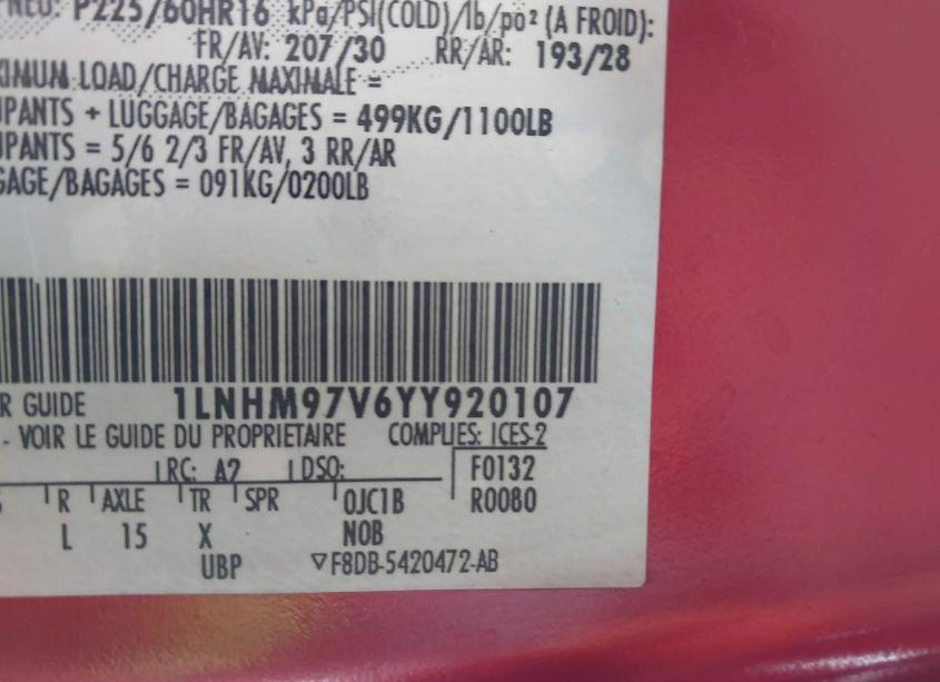 Photo 8 of 2000 Lincoln Continental (VIN 1LNHM97V6YY920107)