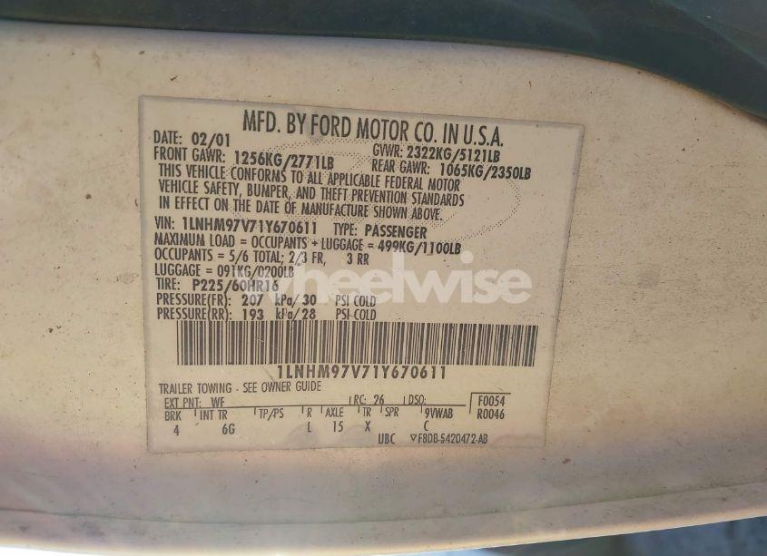 Photo 9 of 2001 Lincoln Continental (VIN 1LNHM97V71Y670611)