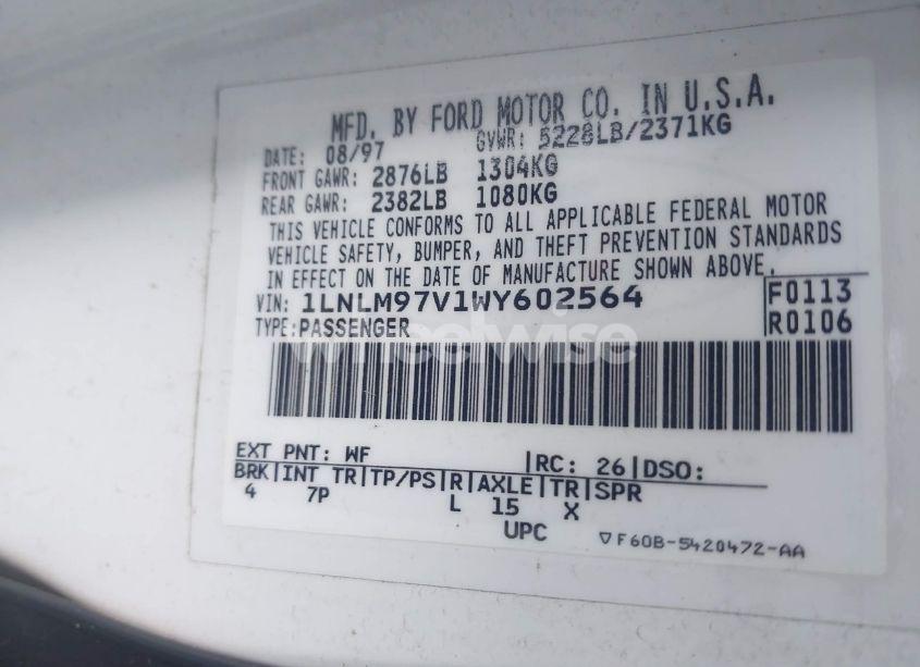 Photo 9 of 1998 Lincoln Continental (VIN 1LNLM97V1WY602564)