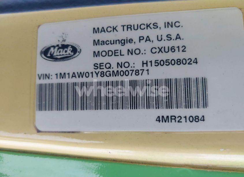 Photo 8 of 2016 Mack 600 CXU600 (VIN 1M1AW01Y8GM007871)