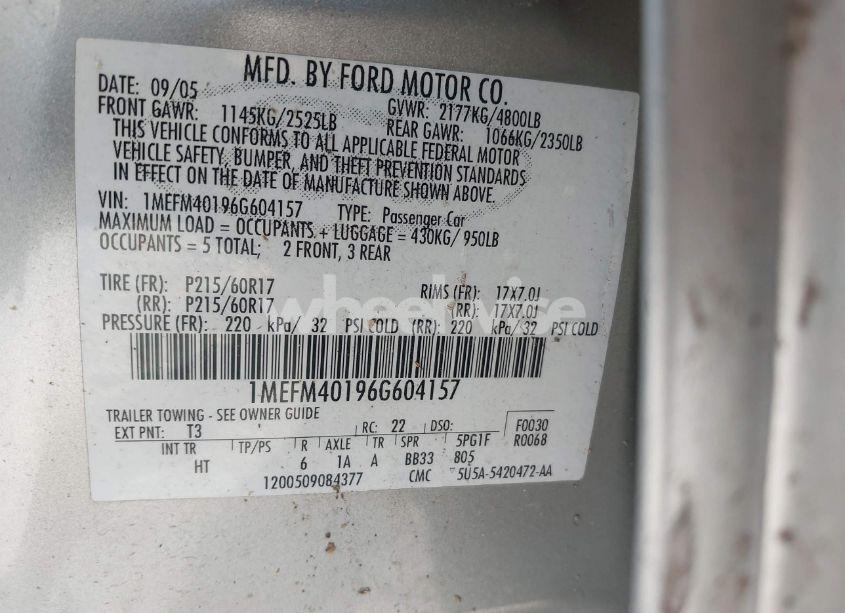 Photo 9 of 2006 Mercury Montego LUXURY (VIN 1MEFM40196G604157)