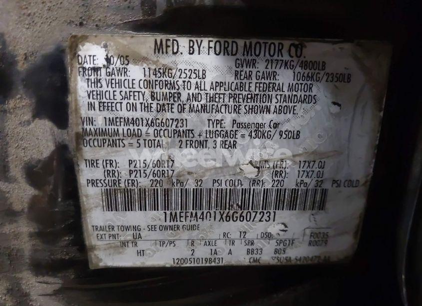 Photo 9 of 2006 Mercury Montego LUXURY (VIN 1MEFM401X6G607231)