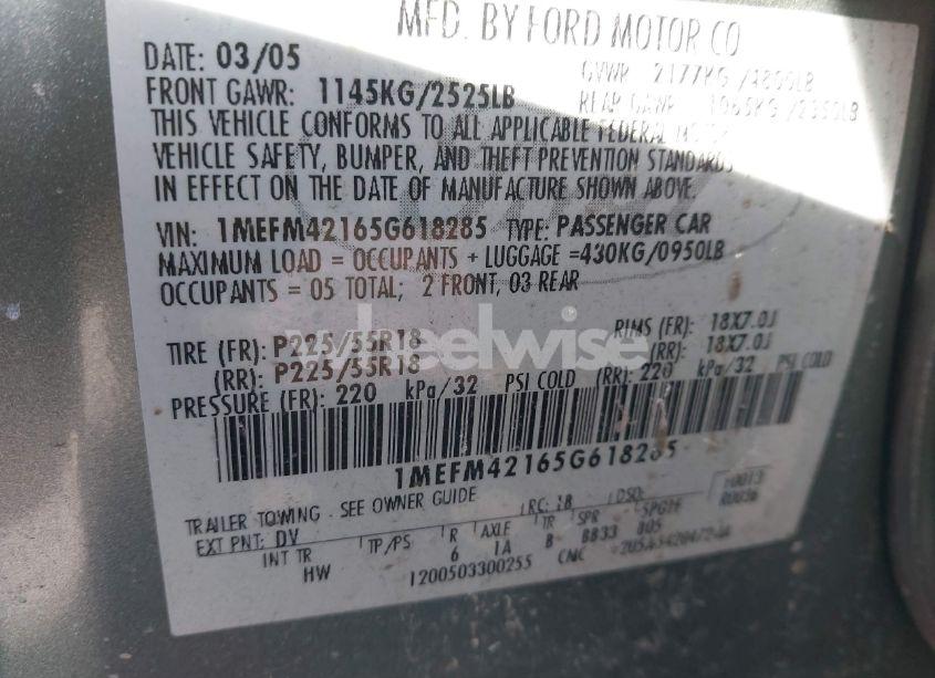 Photo 9 of 2005 Mercury Montego PREMIER (VIN 1MEFM42165G618285)