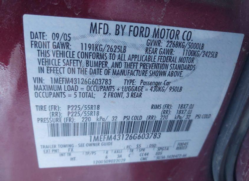 Photo 9 of 2006 Mercury Montego PREMIER (VIN 1MEFM43126G603783)