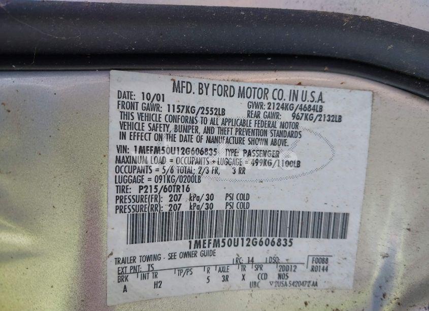 Photo 9 of 2002 Mercury Sable GS (VIN 1MEFM50U12G606835)