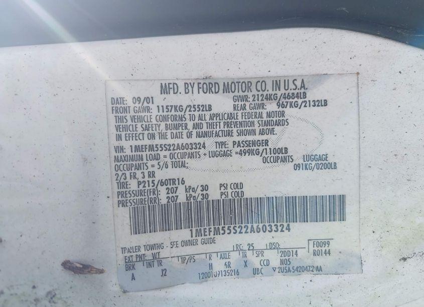 Photo 9 of 2002 Mercury Sable LS PREMIUM (VIN 1MEFM55S22A603324)