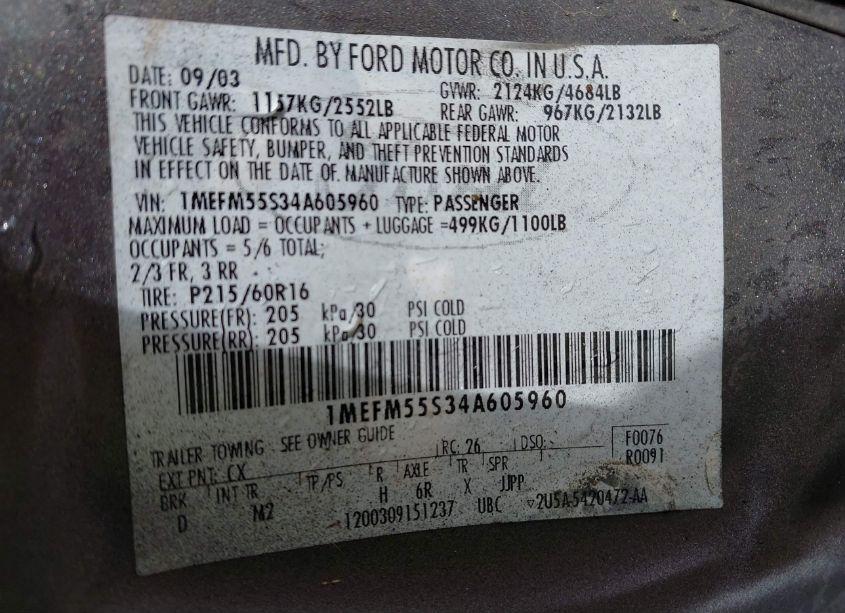 Photo 9 of 2004 Mercury Sable LS PREMIUM (VIN 1MEFM55S34A605960)