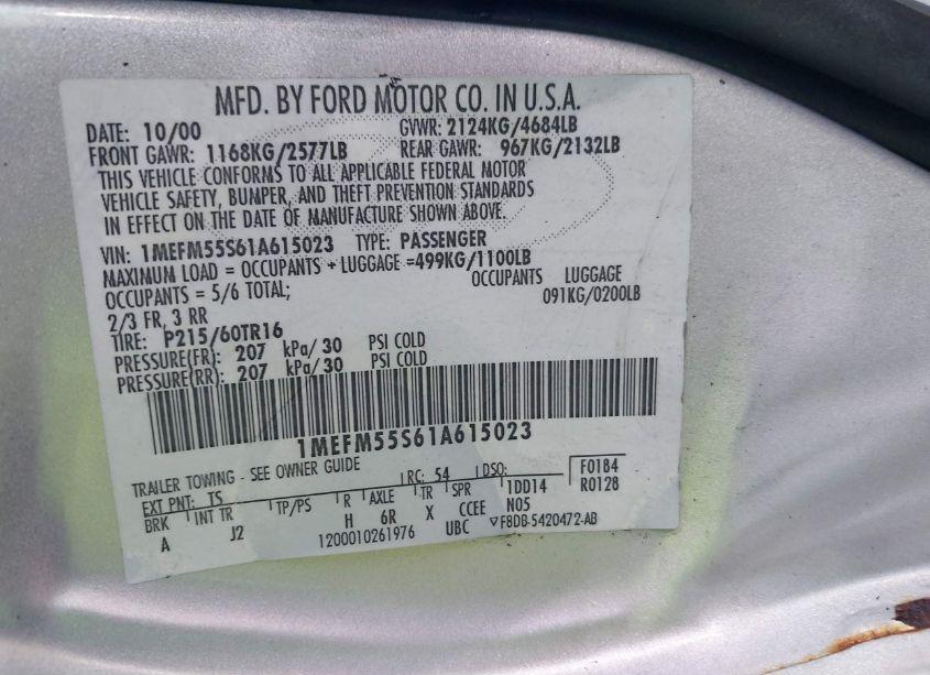 Photo 9 of 2001 Mercury Sable LS PREMIUM (VIN 1MEFM55S61A615023)