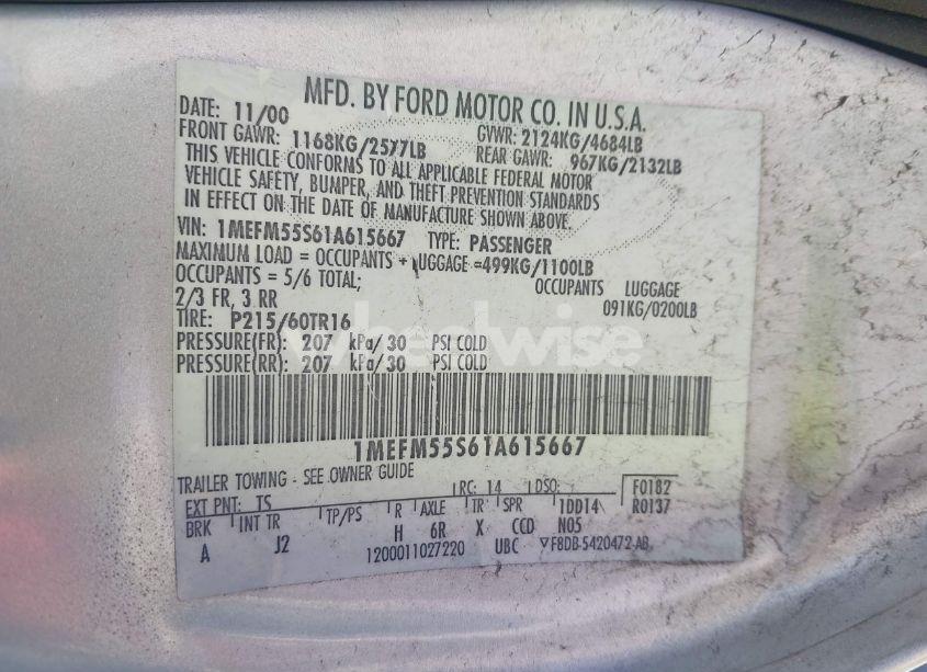 Photo 9 of 2001 Mercury Sable LS PREMIUM (VIN 1MEFM55S61A615667)