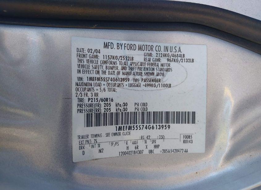 Photo 9 of 2004 Mercury Sable LS PREMIUM (VIN 1MEFM55S74G613959)